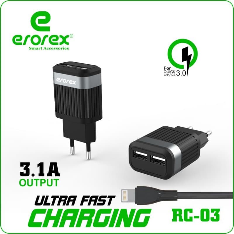 erorex RC-03 3.1A ultra Fast Charger 2 USB Ports