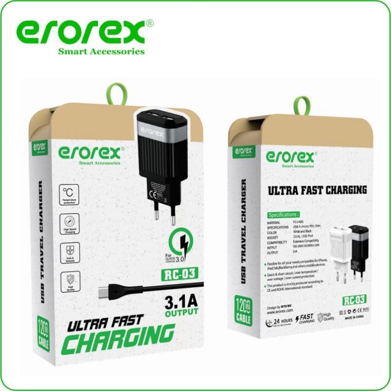 erorex RC-03 3.1A ultra Fast Charger 2 USB Ports