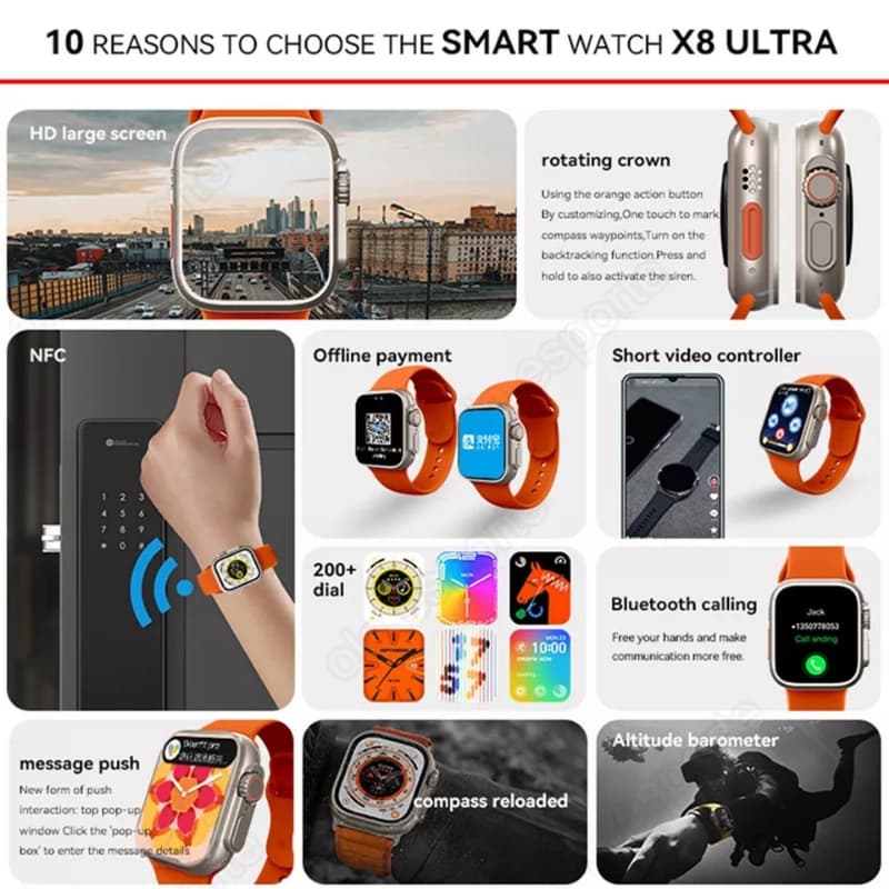 Original Ultra Smartwatch X8 Ultra Smart Watch Men Series 8 NFC Monitor Blu