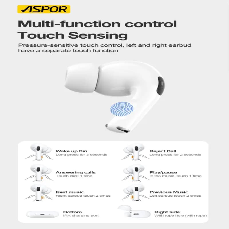 ASPOR A620 Earbuds Pro2 Tws Bluetooth Extra long Battery Backup