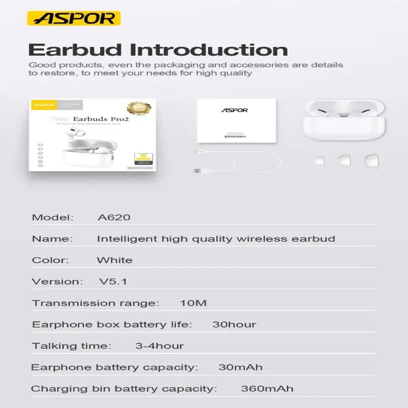 ASPOR A620 Earbuds Pro2 Tws Bluetooth Extra long Battery Backup